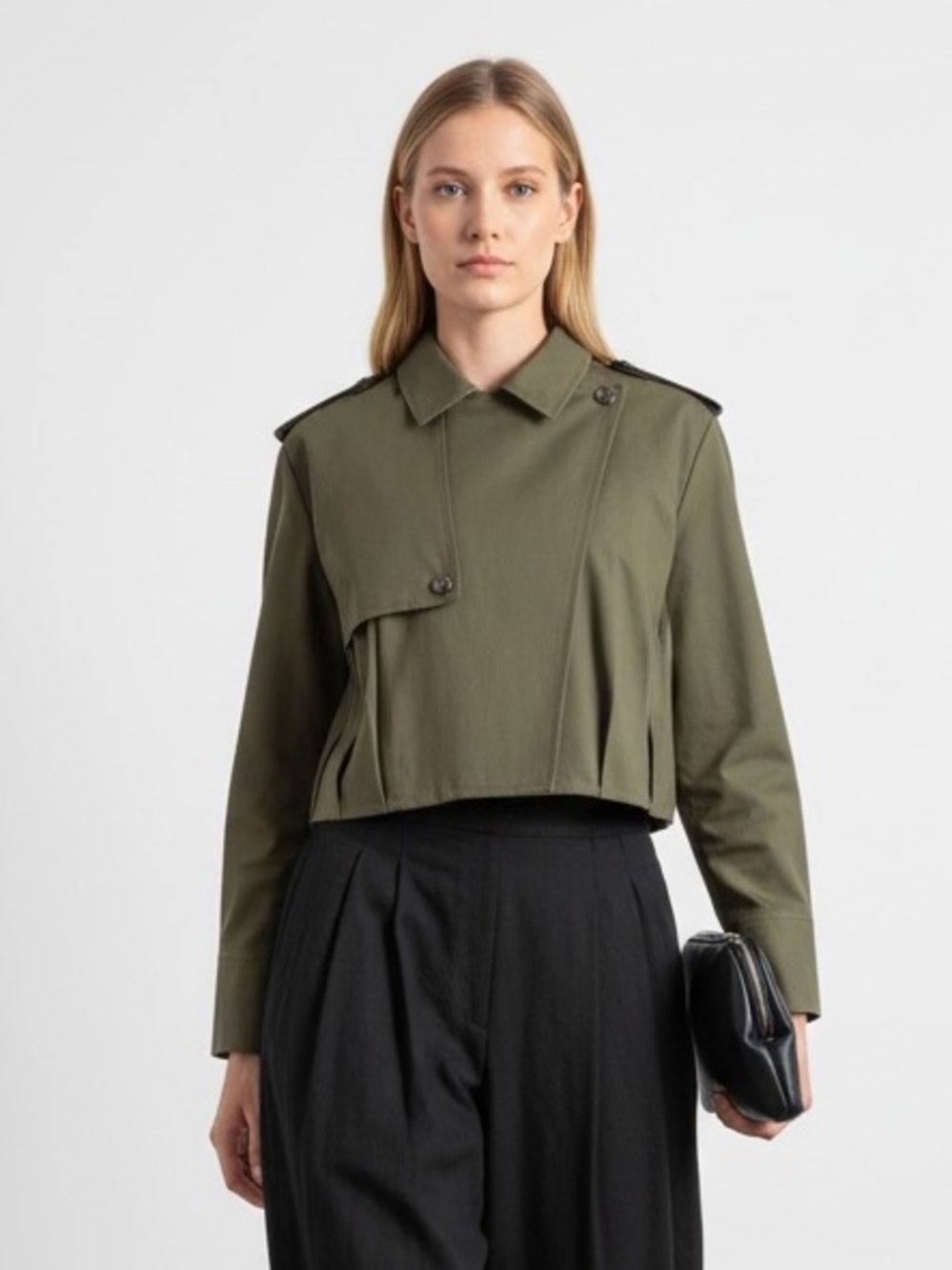 1641 • Khaki Green Bubble Pleat Hem Trench Jacket w/Black Vegan Leather Epaulets